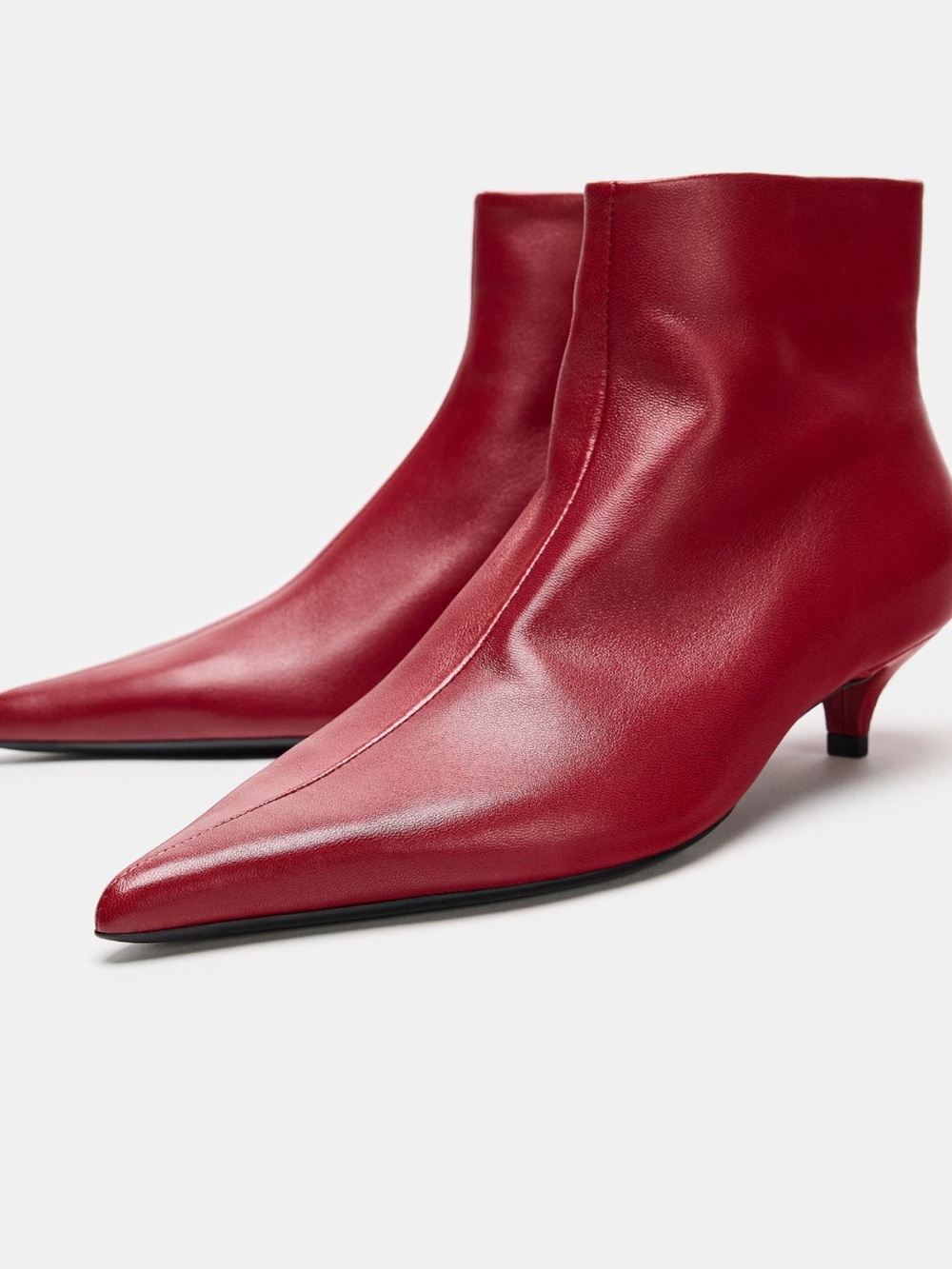 Zara Women's Red Leather Kitten Heel Ankle Boots - Picture 4 of 5